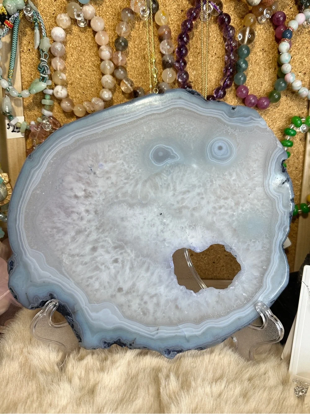 Big Polished Agate Slab with Stand - Pale Blue Screaming Face 7.5×7×0.38 inches